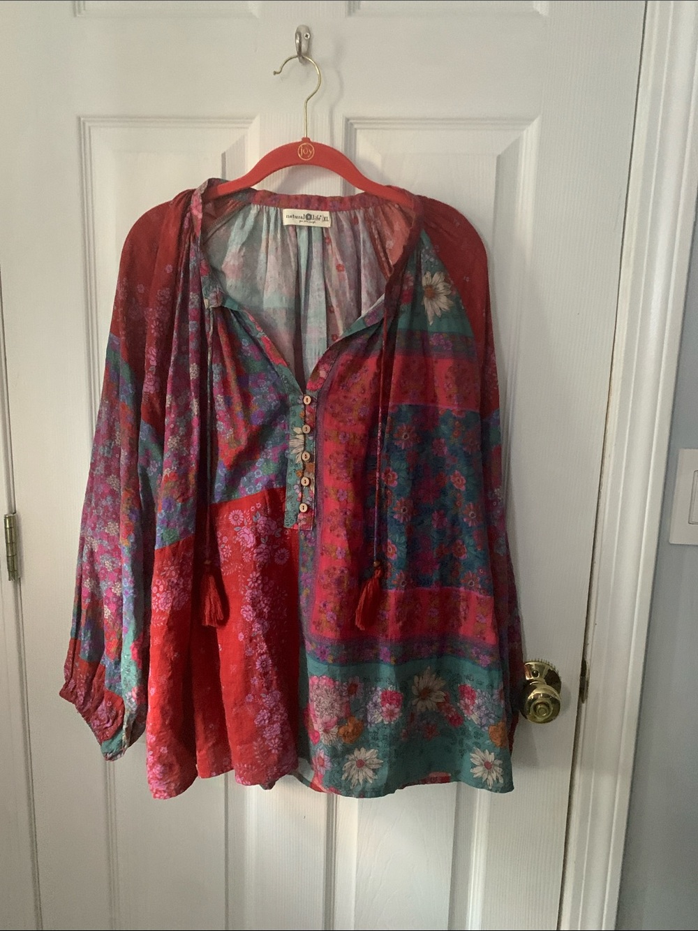 NATURAL LIFE Red and Teal Floral Patchwork Peasant Blouse